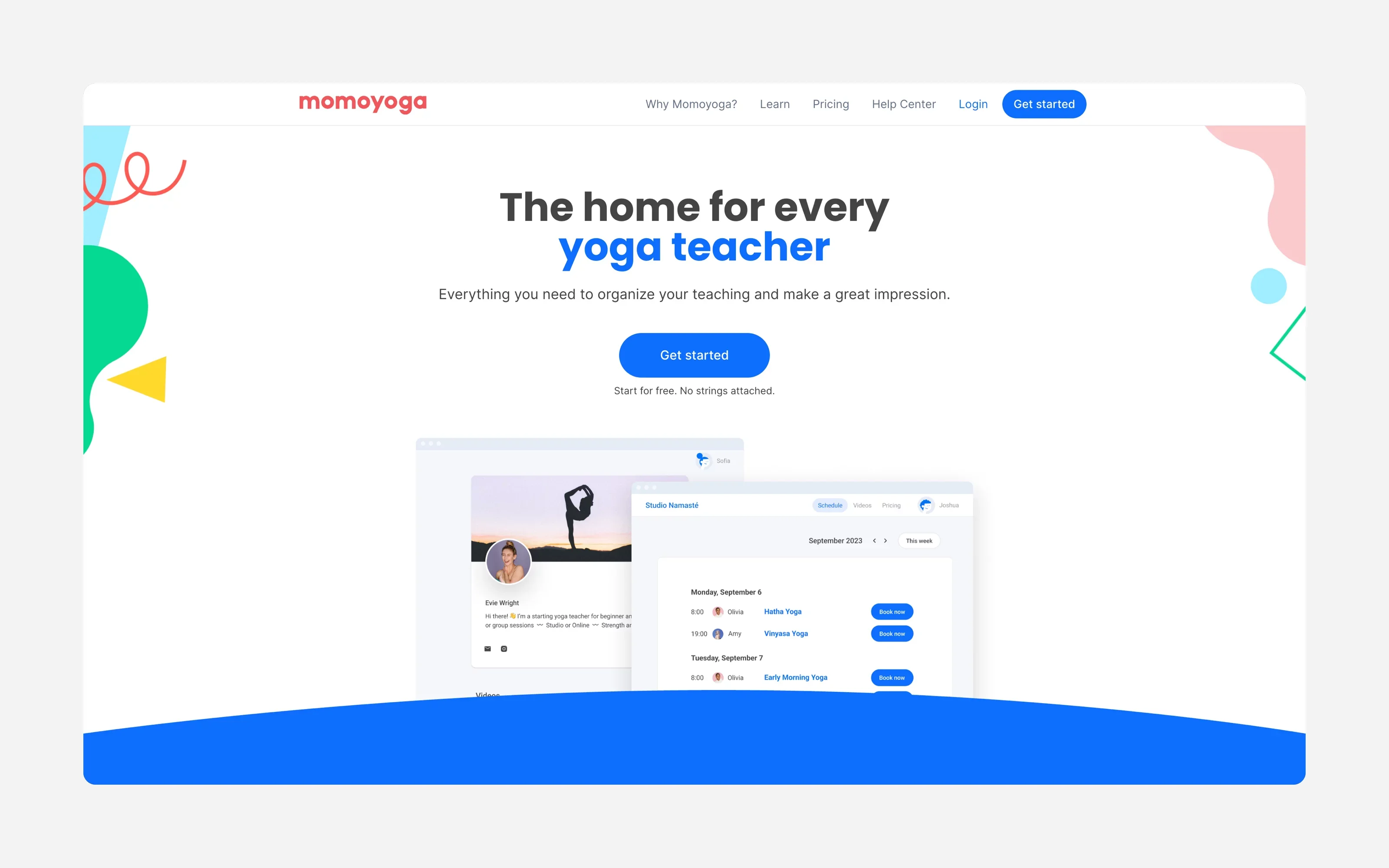 Momoyoga homepage with booking calendar, teacher profile, and tools for organizing yoga classes and online sessions