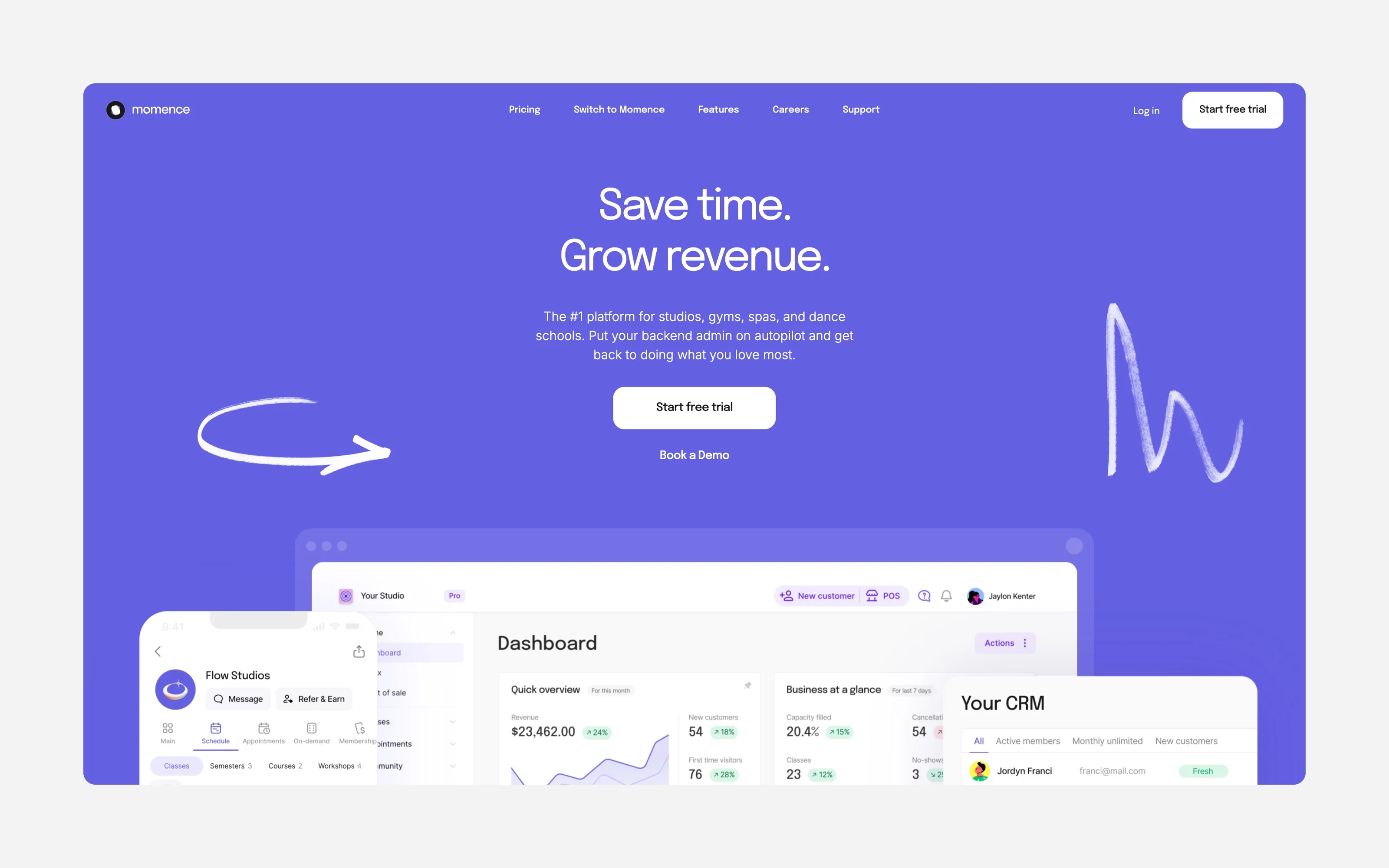Momence dashboard and CRM interface for studios with revenue tracking, class scheduling, and client insights