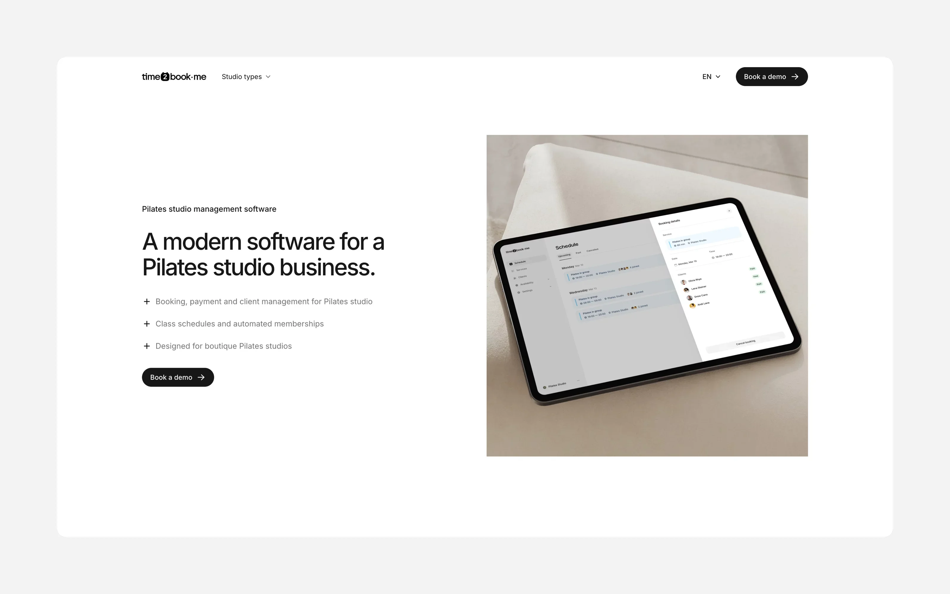 Massage scheduling software dashboard – time2book interface