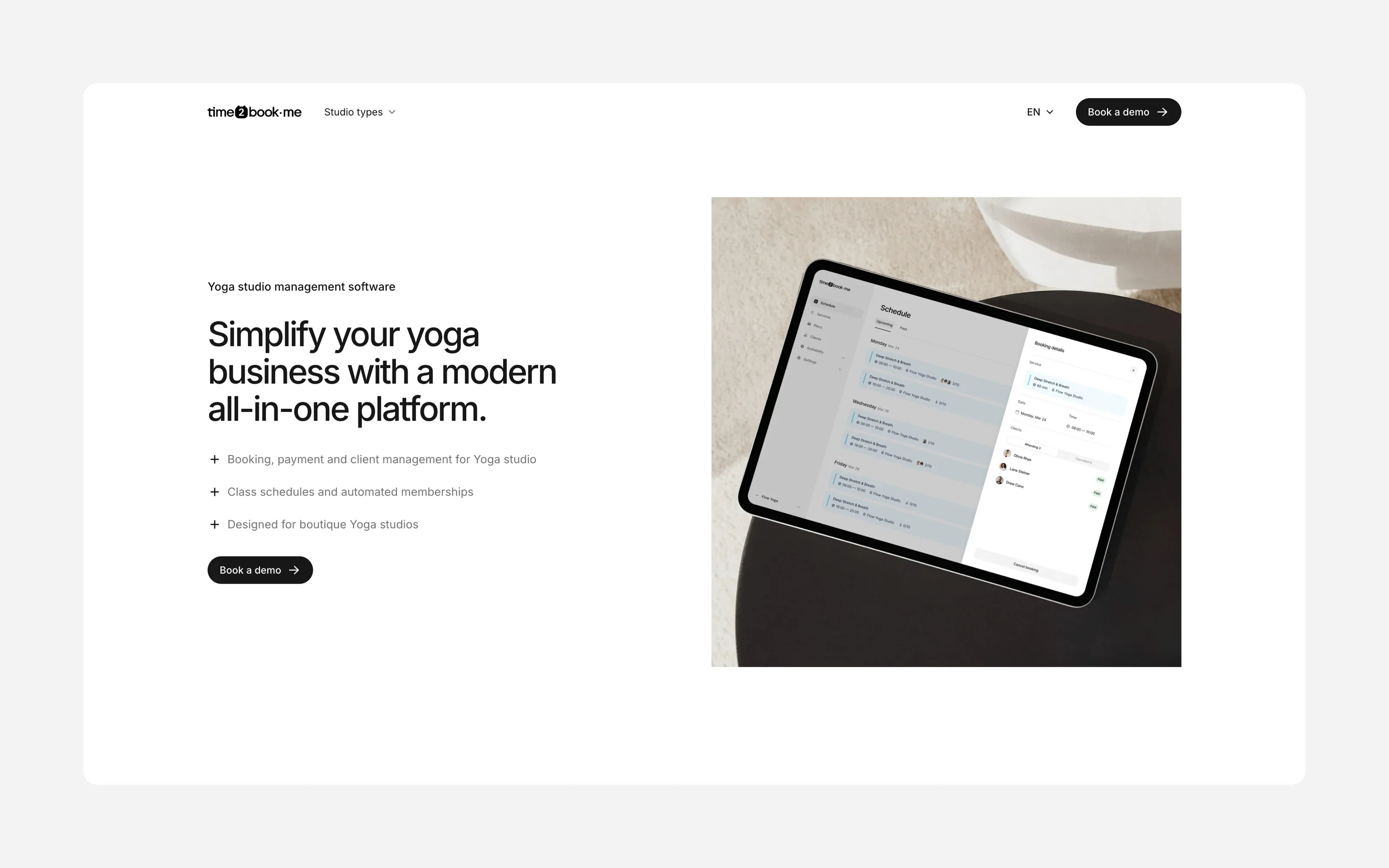 Yoga studio management software by time2book with modern class schedule and booking features on tablet interface