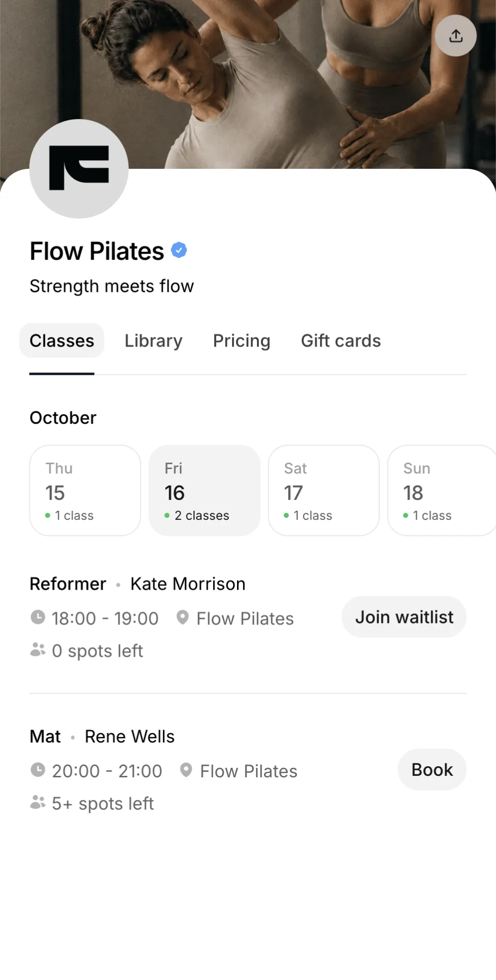 A full class with a Join waitlist button on a studio booking page