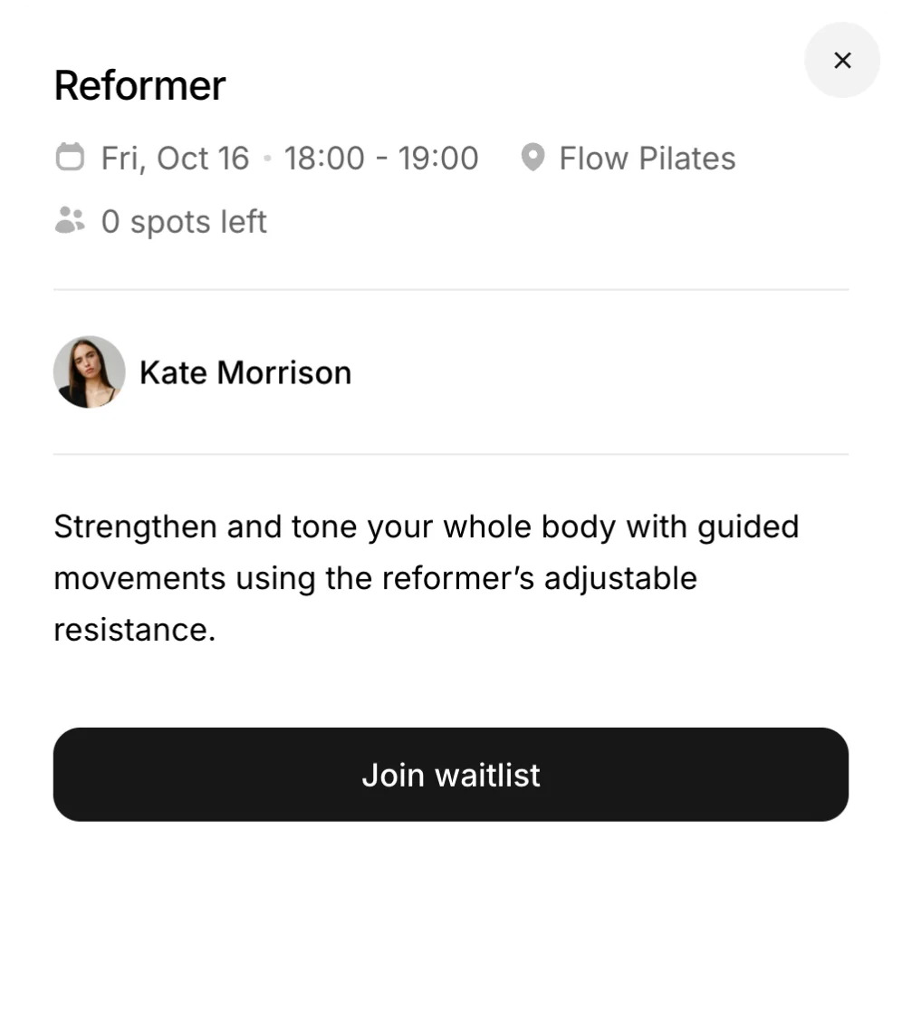Class details with a Join waitlist button