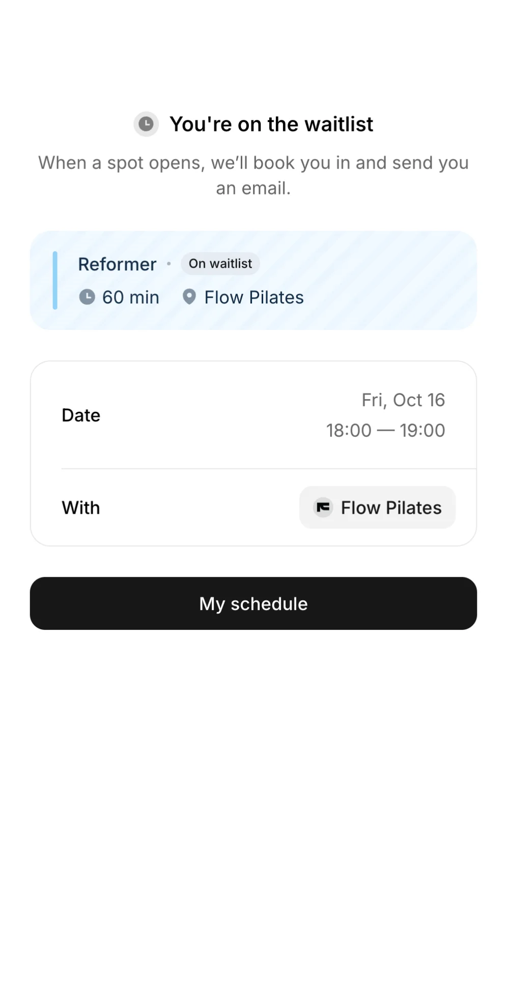 Confirmation that a client is on the waitlist for a class