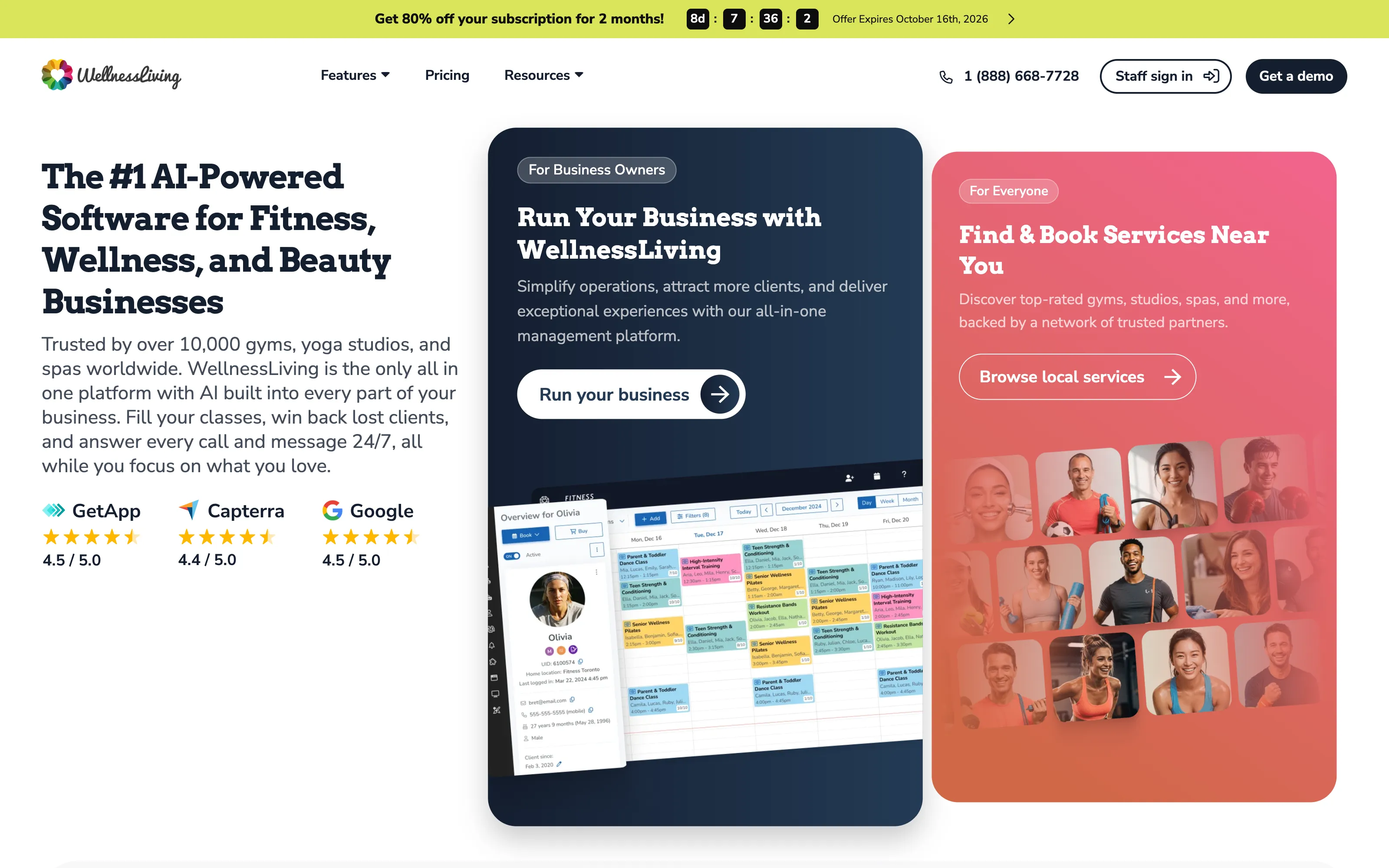 WellnessLiving fitness and wellness software homepage – Glofox alternative