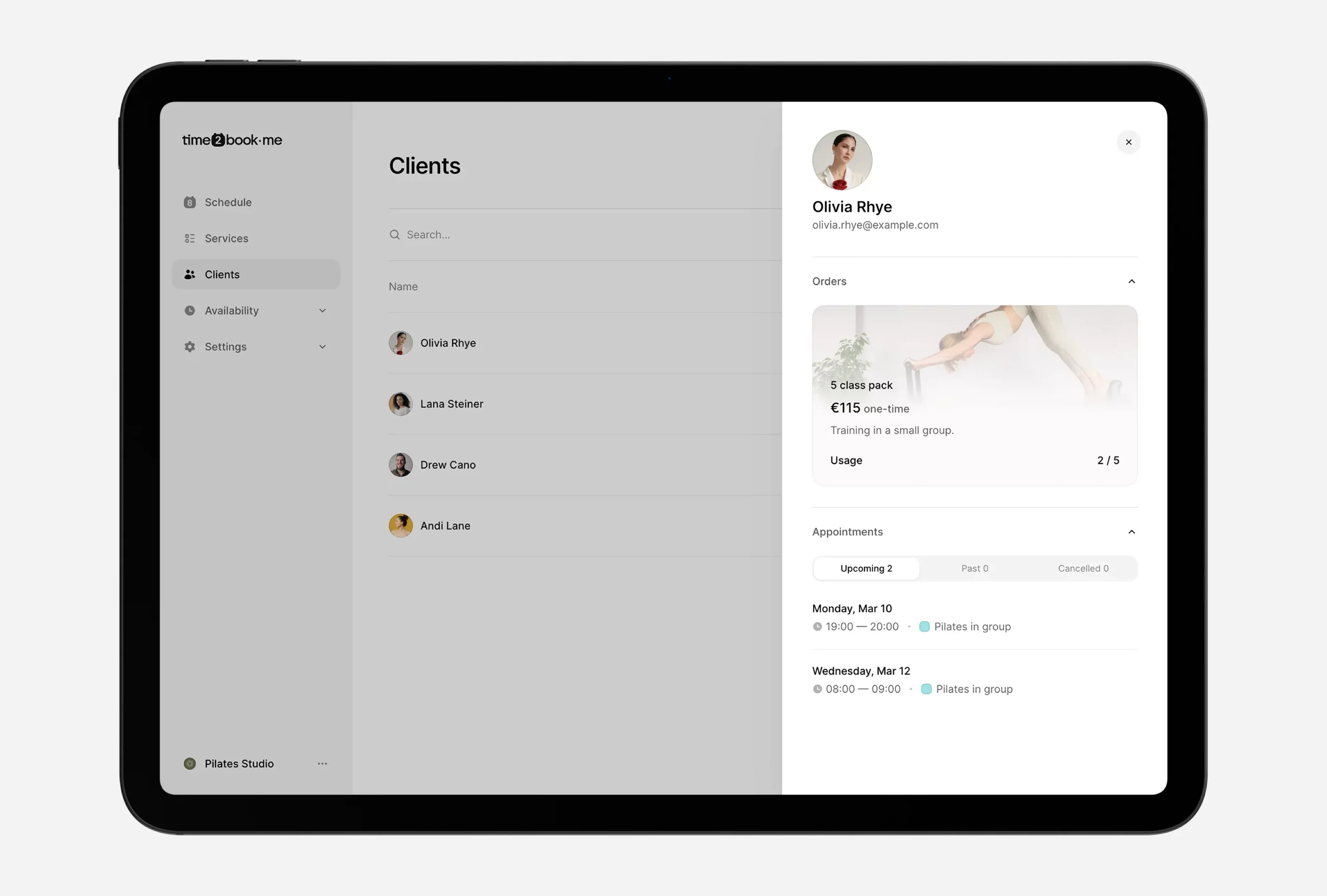 Client profile view in Time2Book.me showing student details, active class pack, usage, and upcoming dance or fitness class appointments