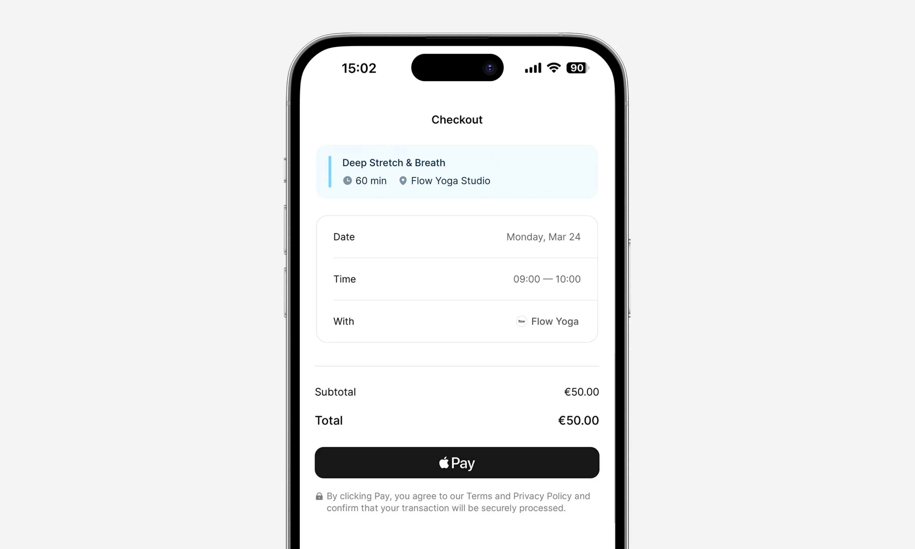 Mobile checkout screen for a yoga class showing automated payment process through Apple Pay using gym booking software