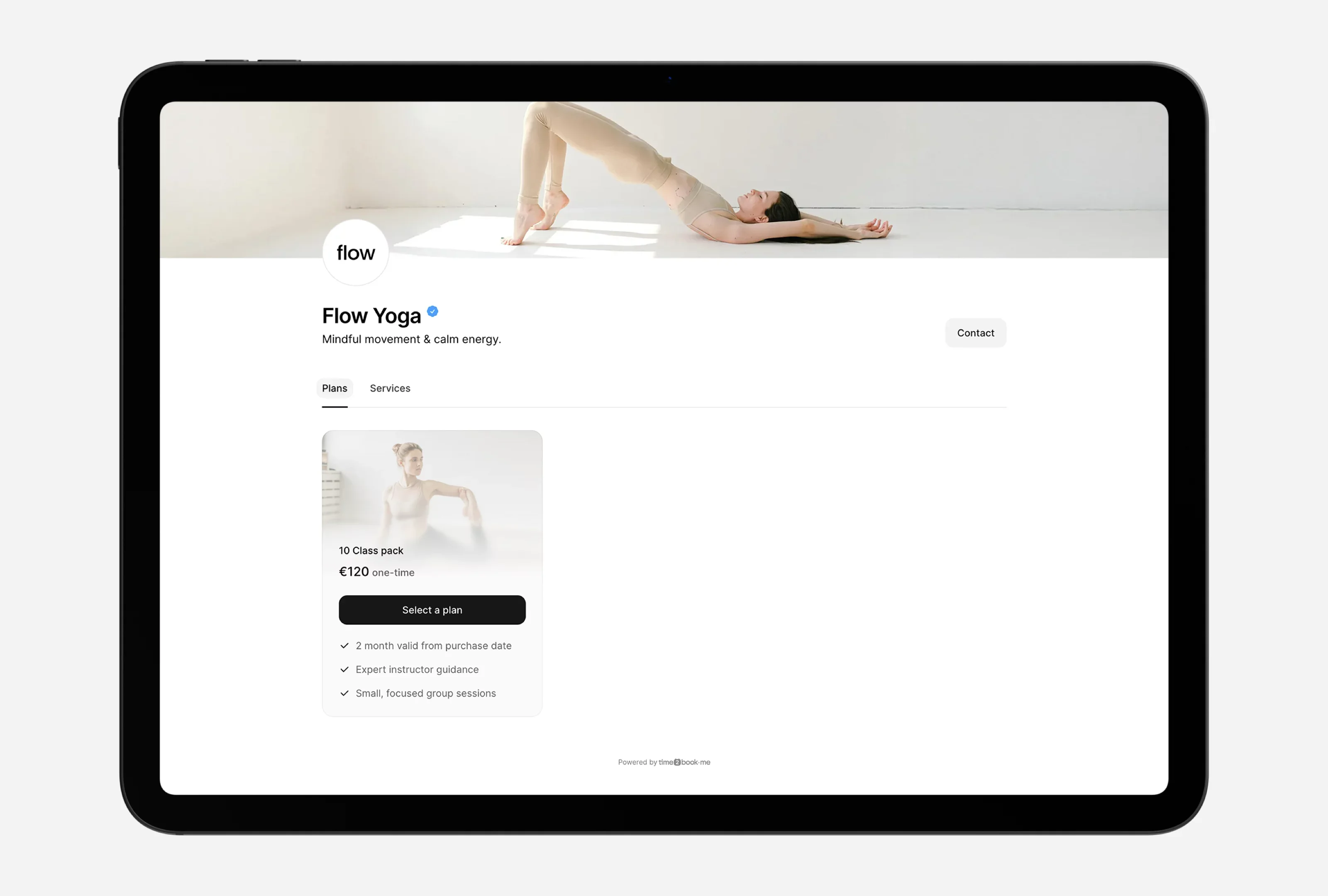 Time2Book yoga studio profile setup screen showing name, logo upload